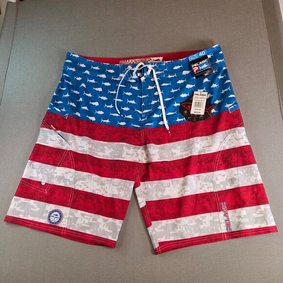 Pelagic USA Flag Board Shorts NWT Size 40 Sharkskin Tech Patriotic Swim - Picture 1 of 15